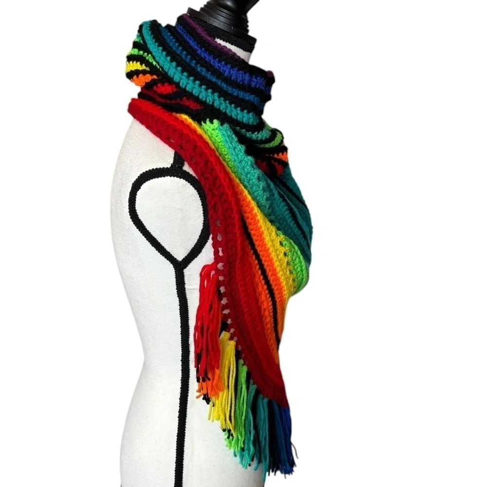 Handcrafted Crochet Cowl Neck Scarf With Fringe Rainbow Colors New Handmade Knit